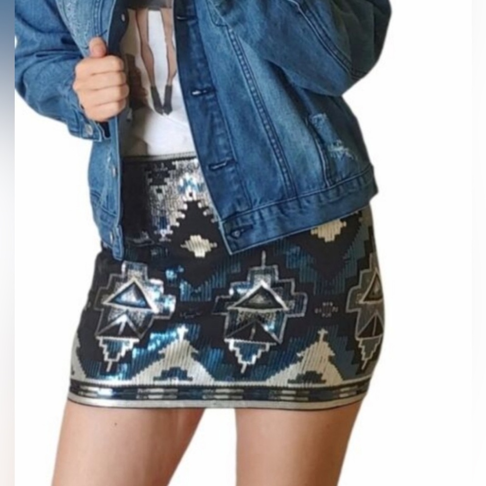 Express Black, Blue, and Silver Sequin Pencil Mini Skirt